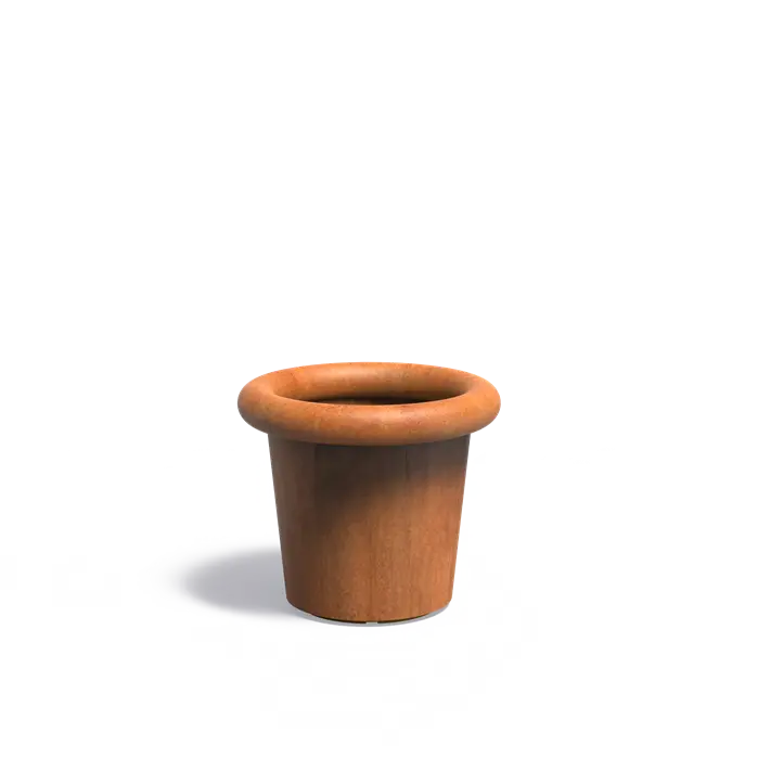 Corten steel garden planter with a tube rolled top
