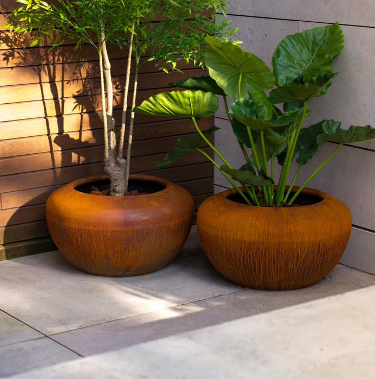 two round curved rust coloured planters in corner with tall plants