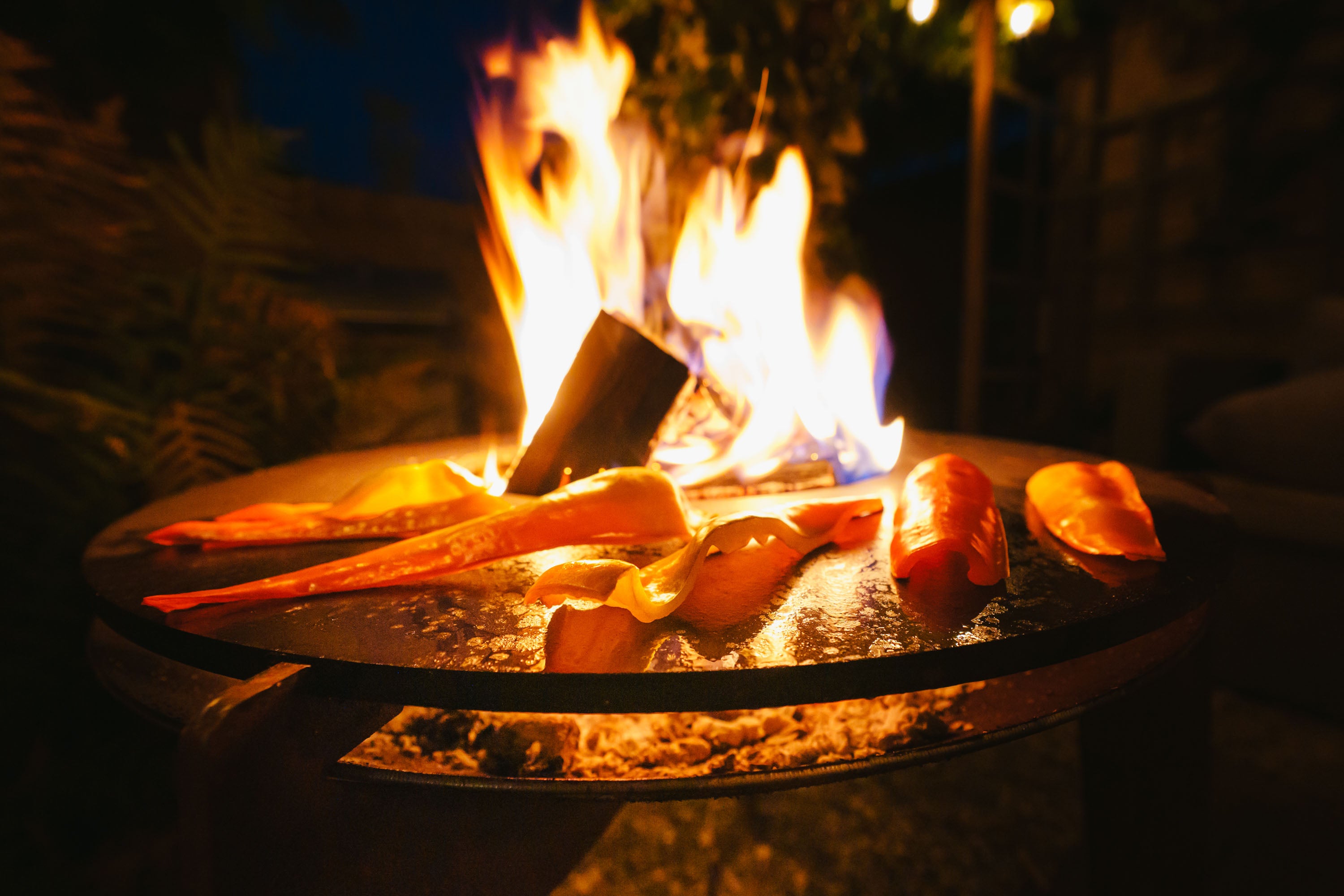 Grilled food on a metal pan over a fire pit at night