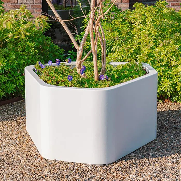 white angular planter with plants on gravel
