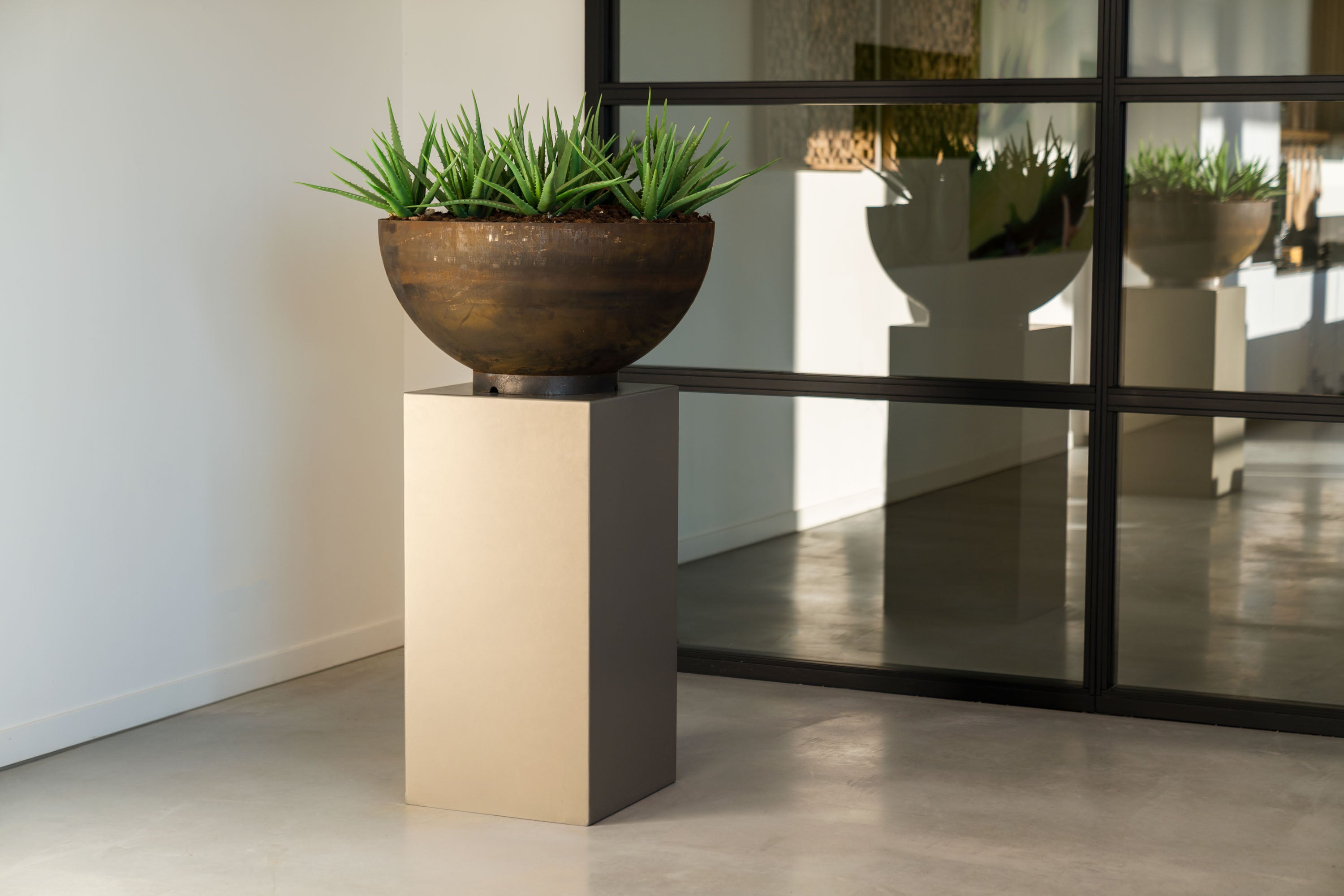 A round dark brown planter with green spiky foliage displayed on a beige pedestal in a modern interior setting with a glass wall.