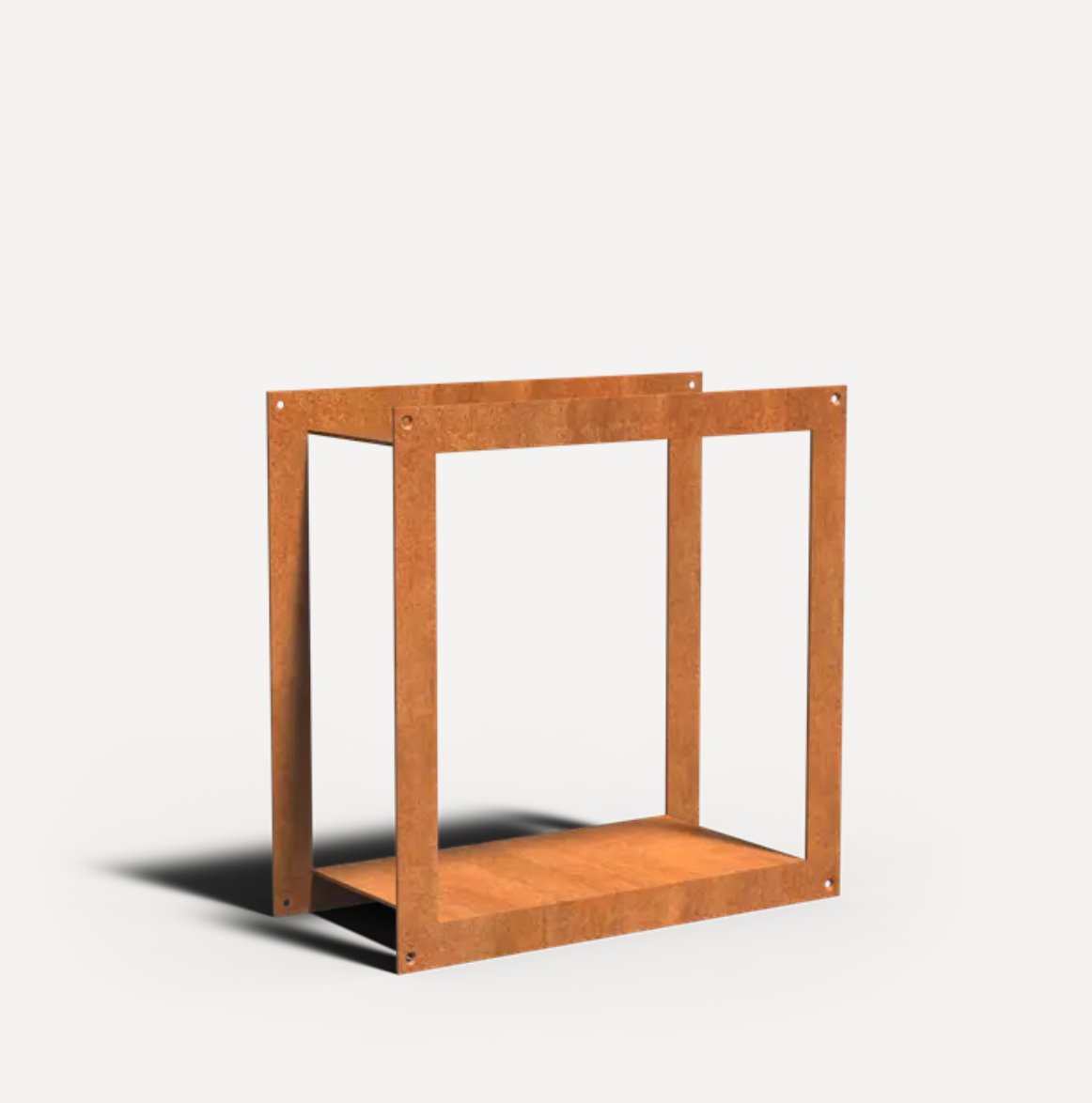 A corten steel wood storage structure with an open frame design, displaying a natural wood color.