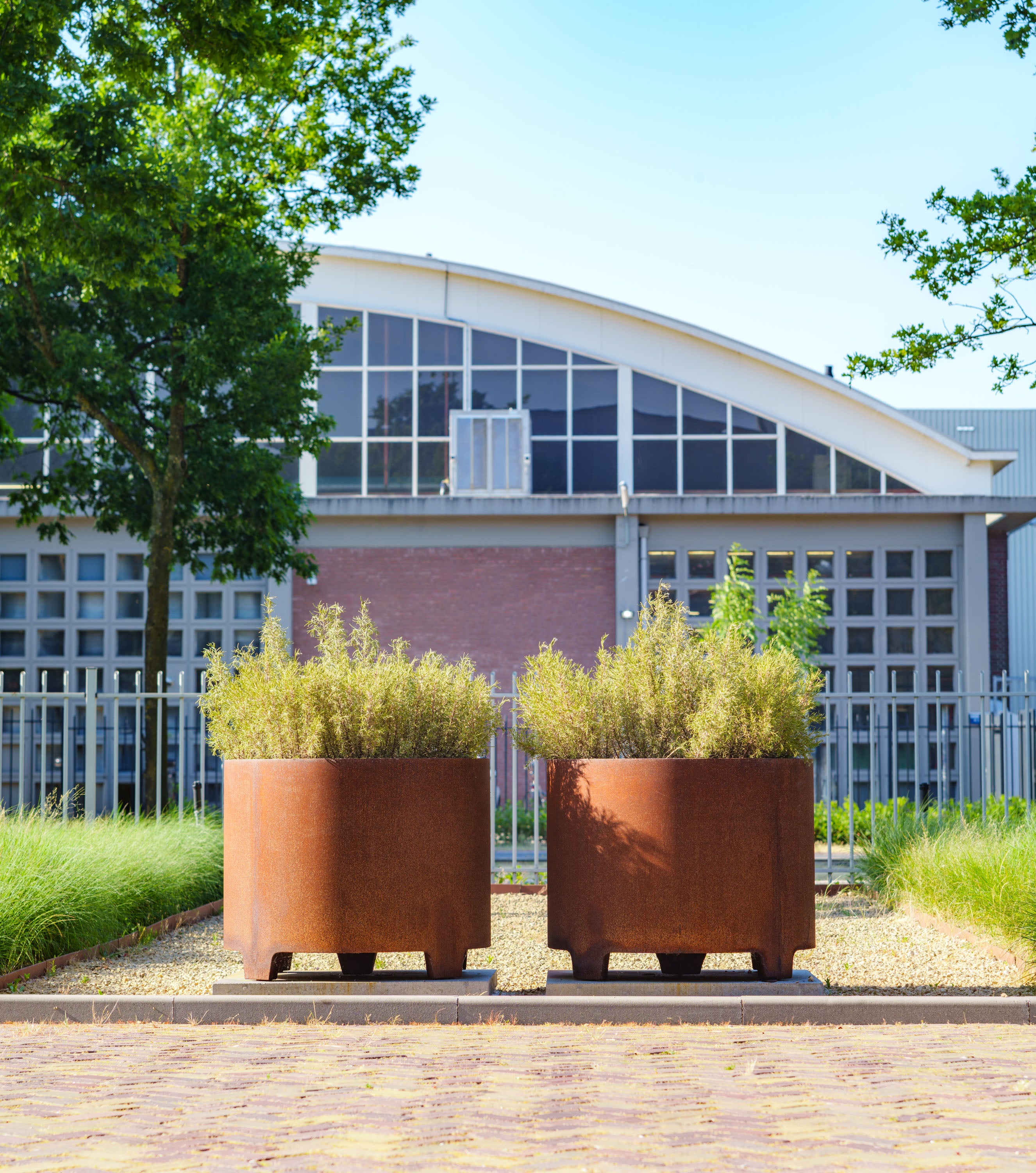 Two rust-colored planters with green plants in front of a building with large windows.