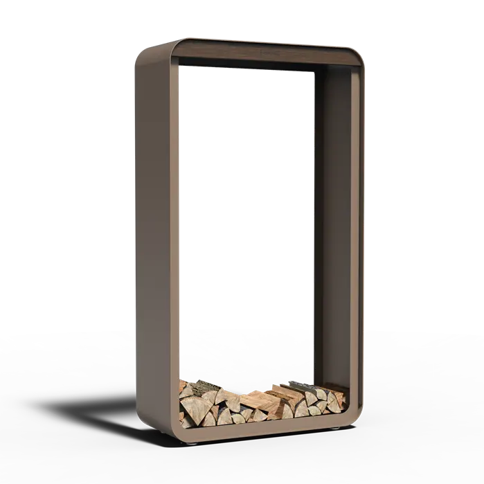 Brown aluminium firewood holder with stacked firewood on a white background