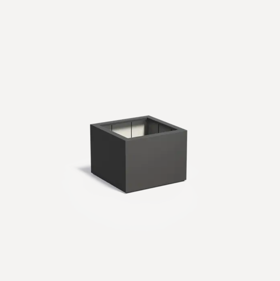 Square dark gray planter with glass top on a white background