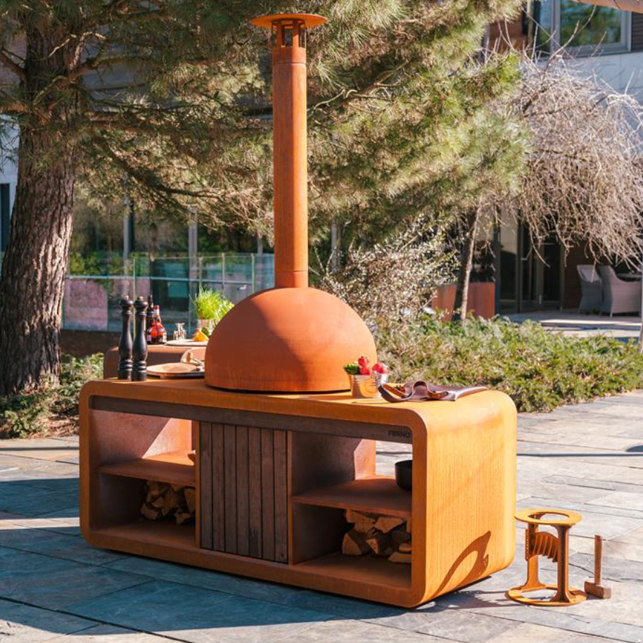 corten steel pizza oven and outdoor kitchen