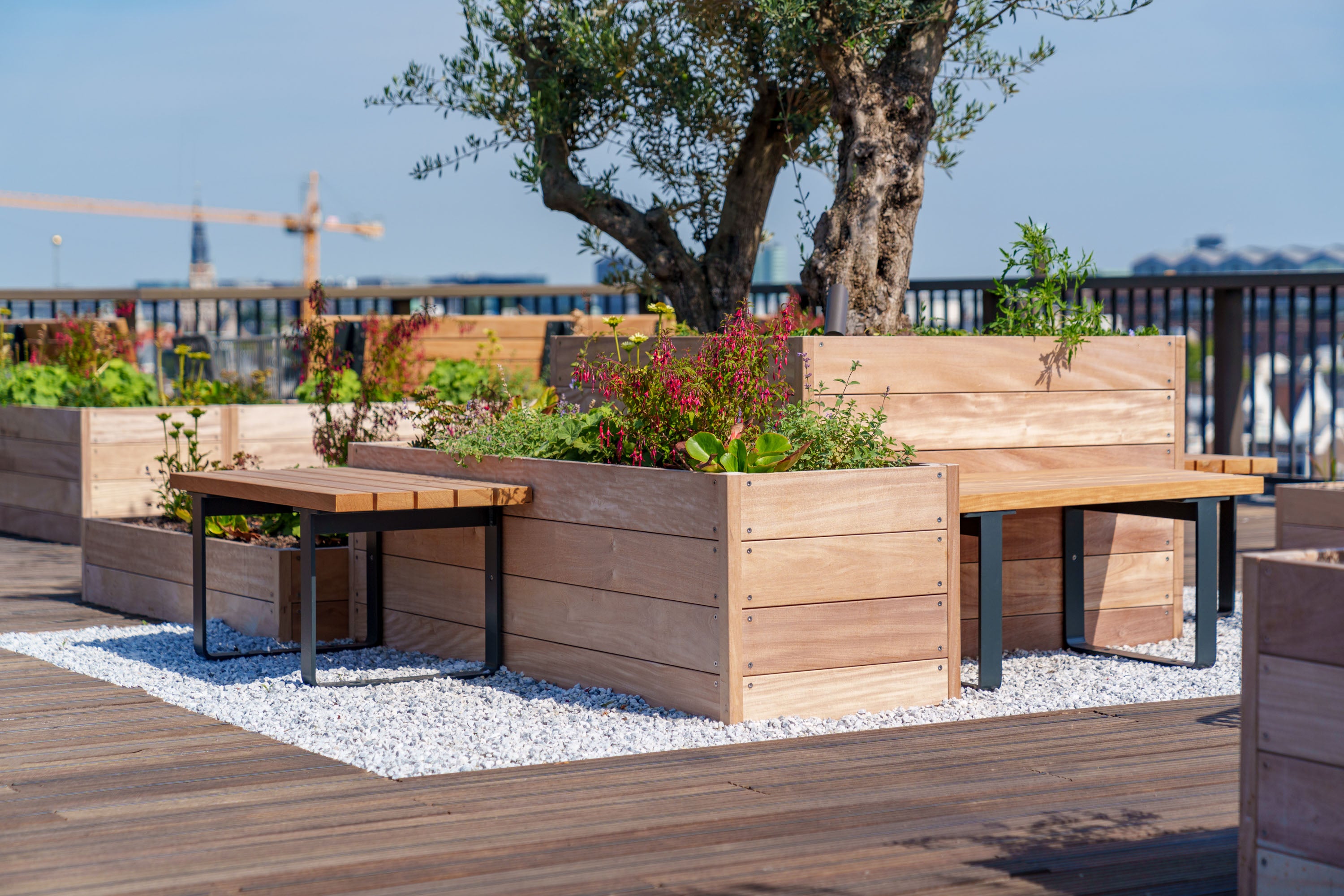 Outdoor seating area with wooden benches and planters on a rooftop.
