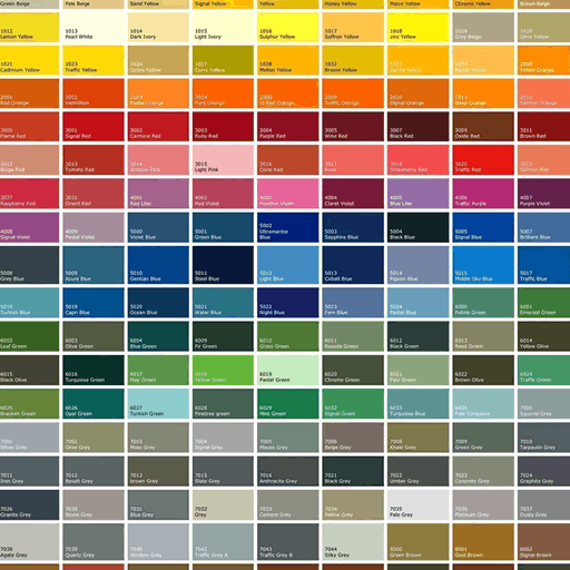 Color swatch chart with various colors and their corresponding codes.