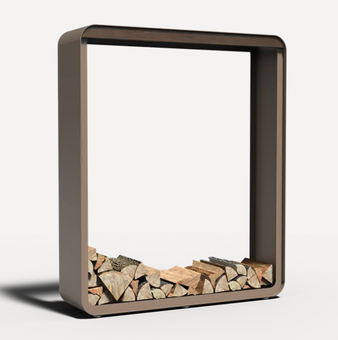 Square aluminium firewood holder with chopped wood inside on a white background