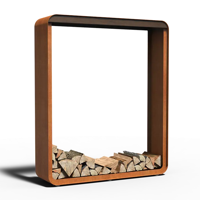 rectangular corten wood store with chopped wood at the bottom