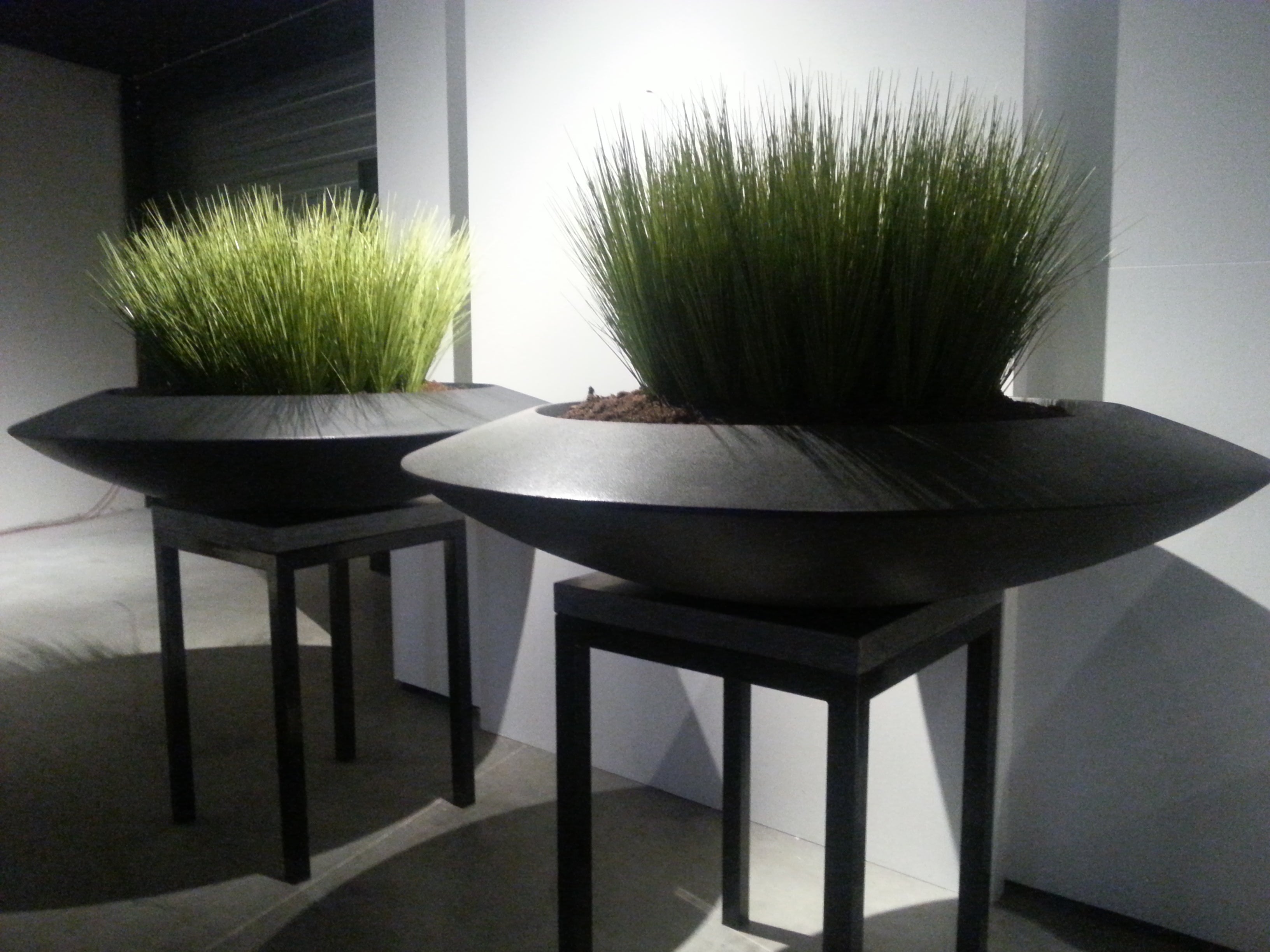 two striking black fiberglass disc shaped garden planters
