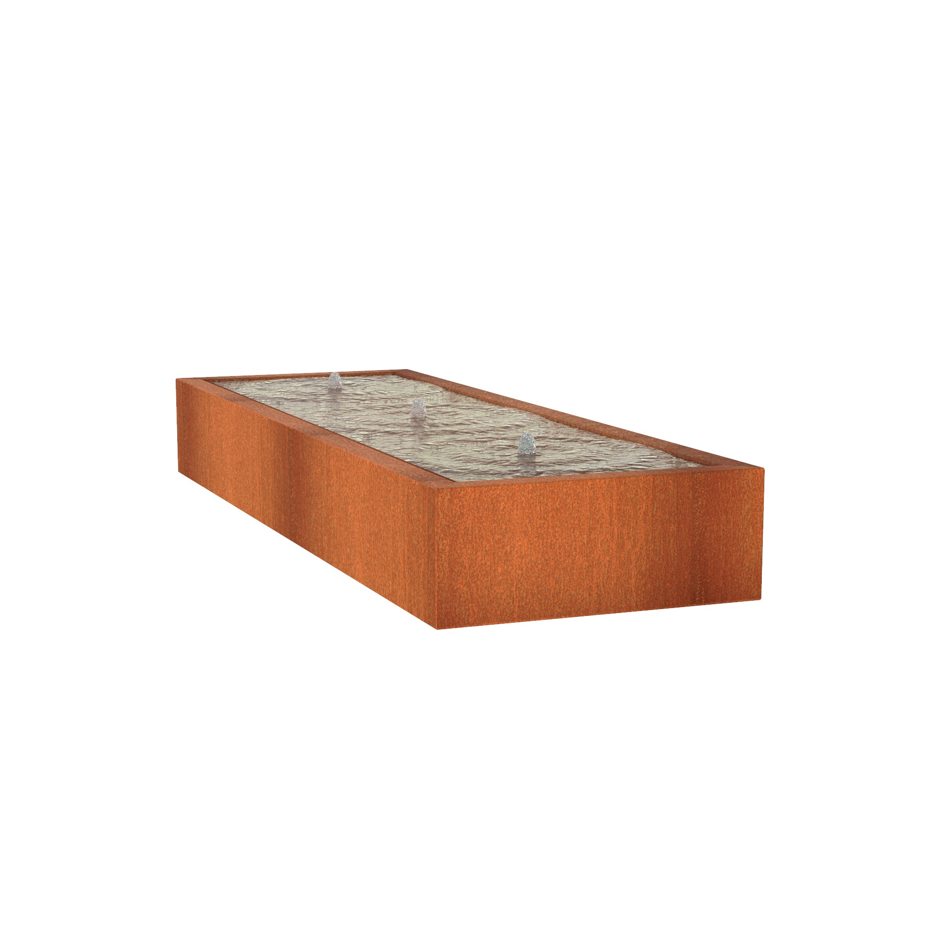 A rectangular corten water table with LED lighting and a stainless steel nozzle on the top plate, set against a white background.
