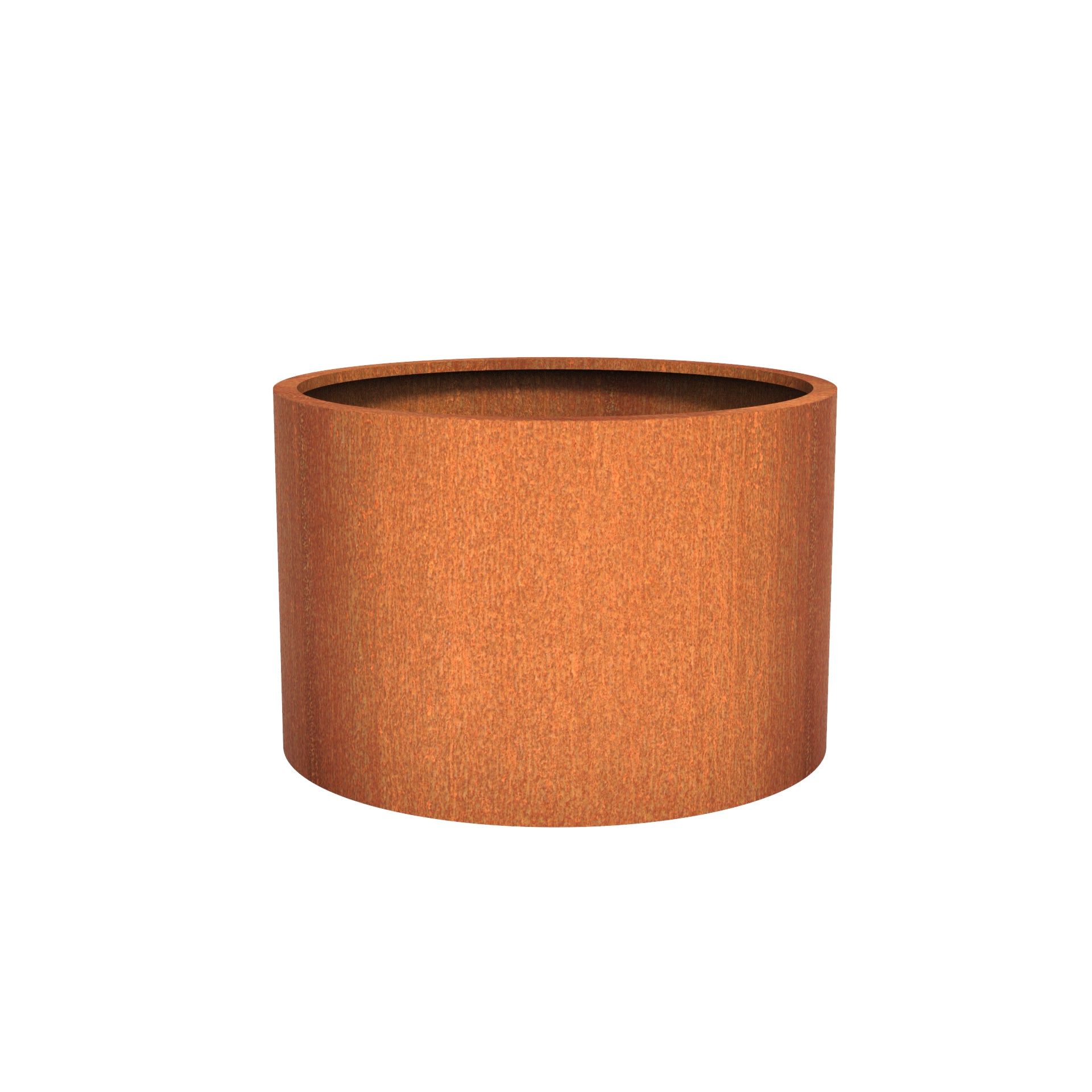 Round corten steel outdoor planter in a variety of sizes