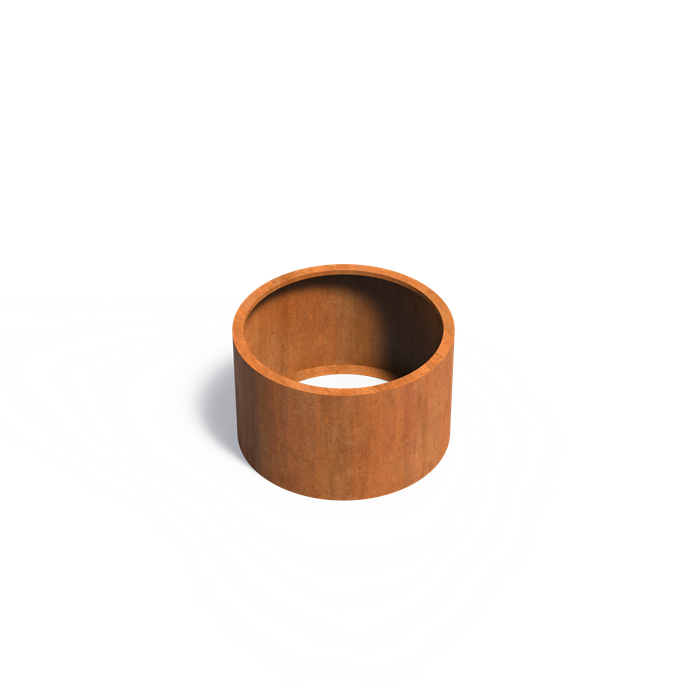 A cylindrical corten steel raised bed planter with no base, displayed on a white background.