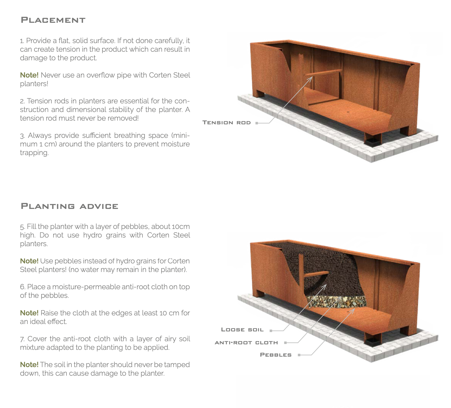 corten steel planter placement and planting advice