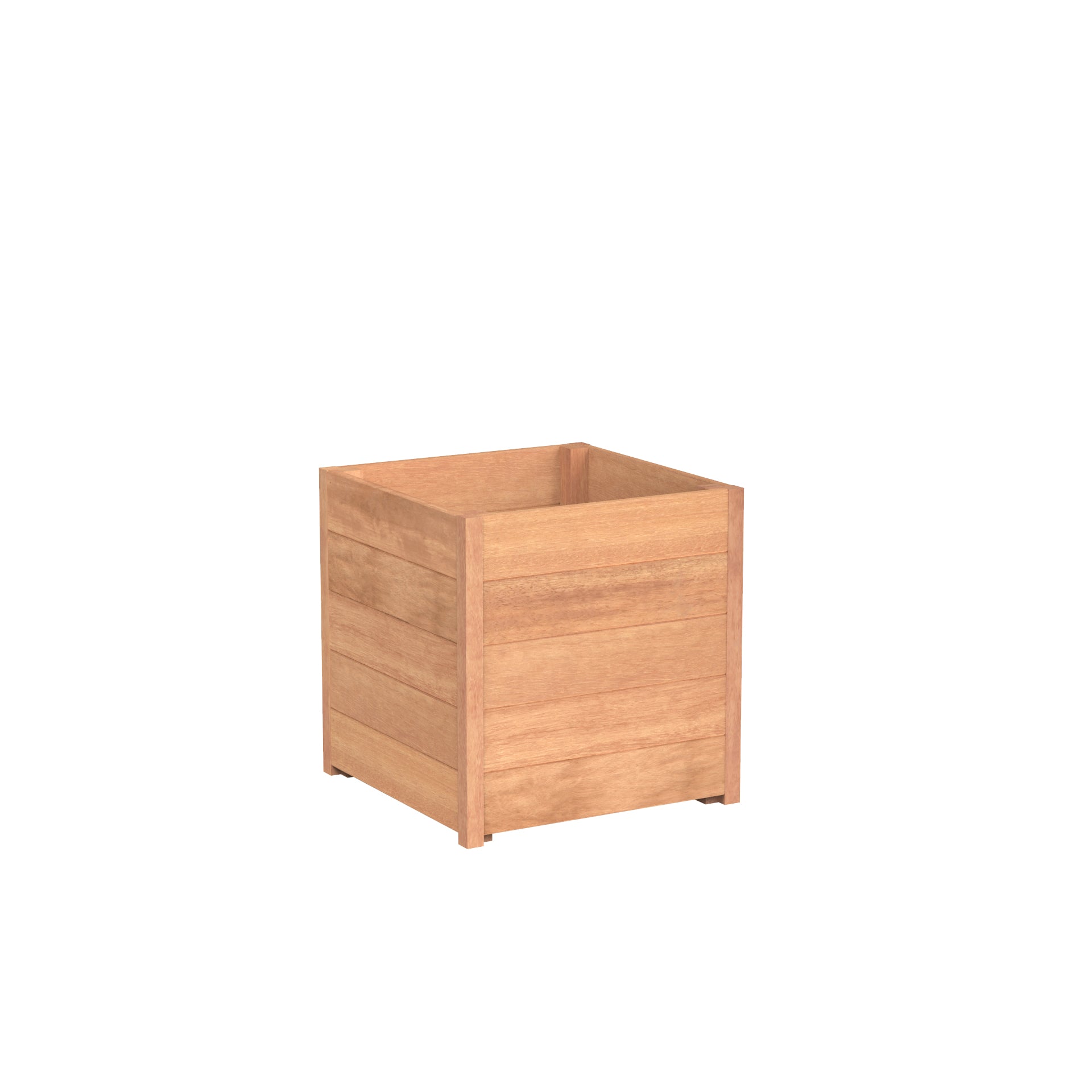 A brown wooden cube-shaped planter made from sustainably harvested hardwood with stainless steel fasteners and wrapped in EPDM.