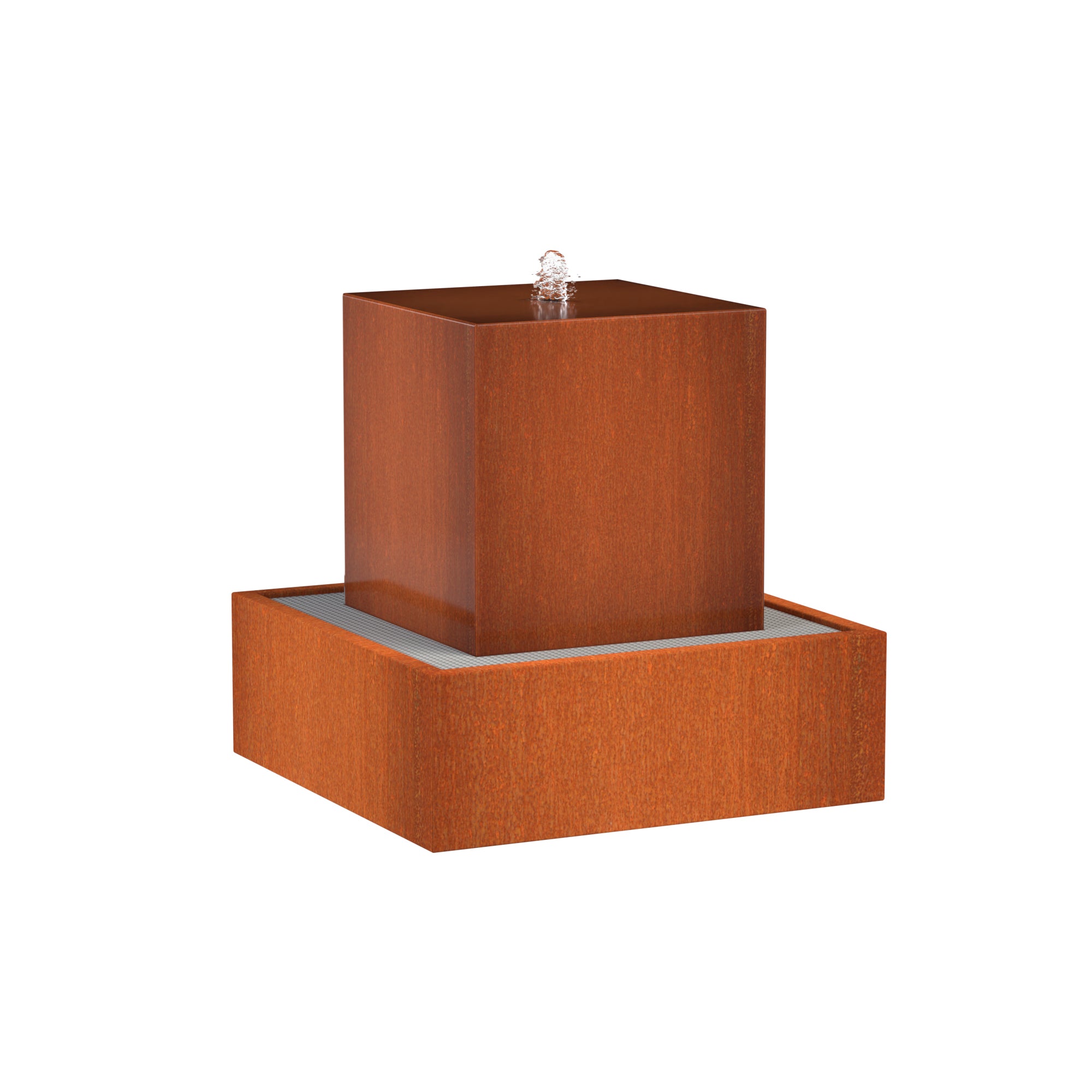 A rectangular CorTen steel water feature with a pump on top, set against a white background.