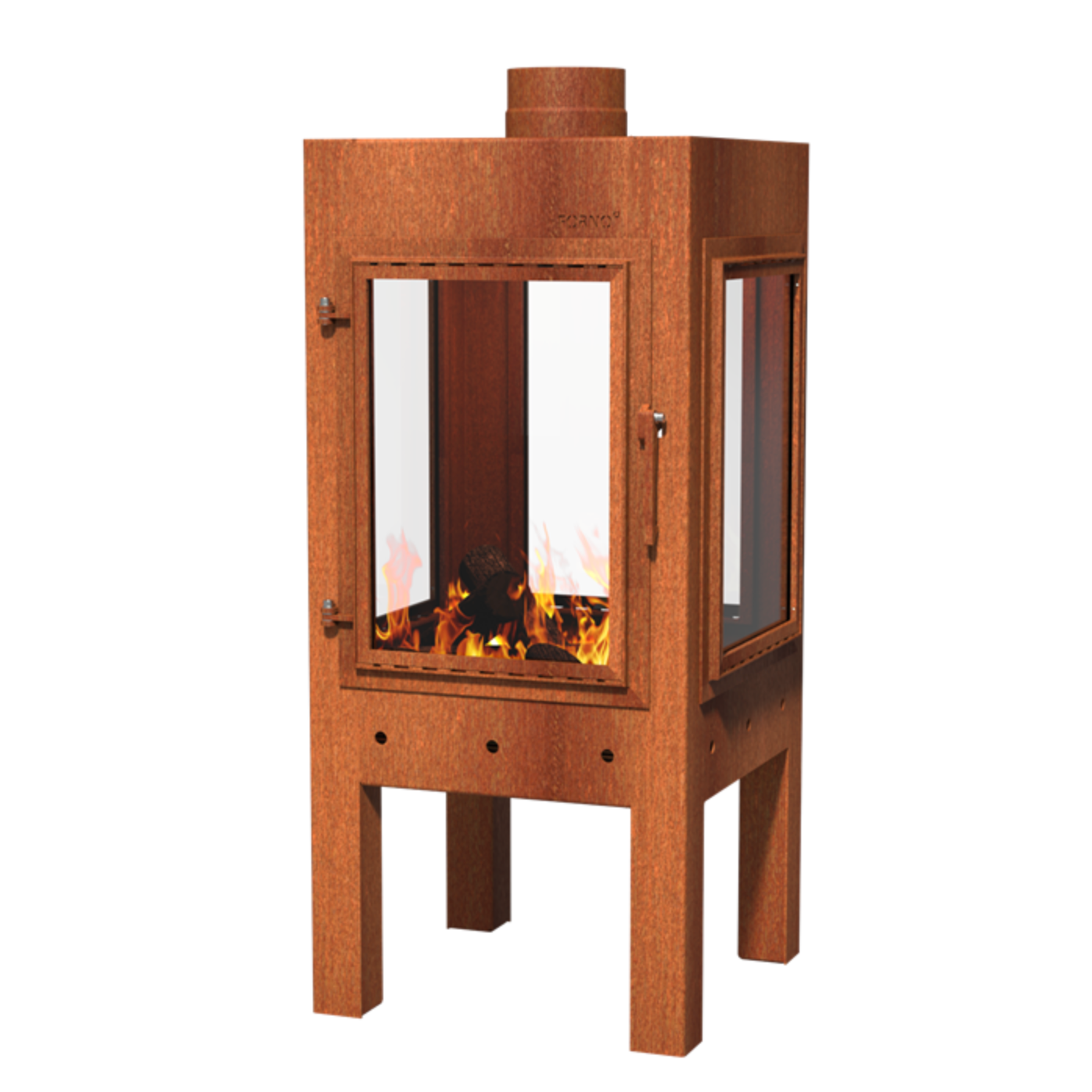 An outdoor fireplace with a brown wooden exterior, a visible fire through a glass door, and a tripod base.