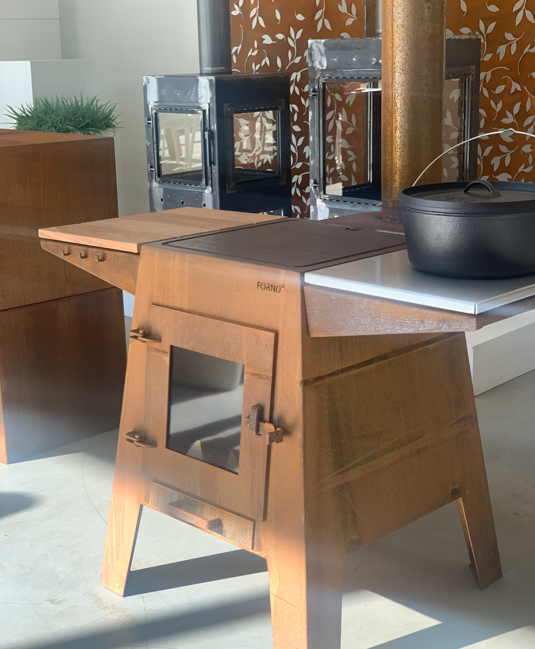 showroom display of the corten steel forno outdoor stove