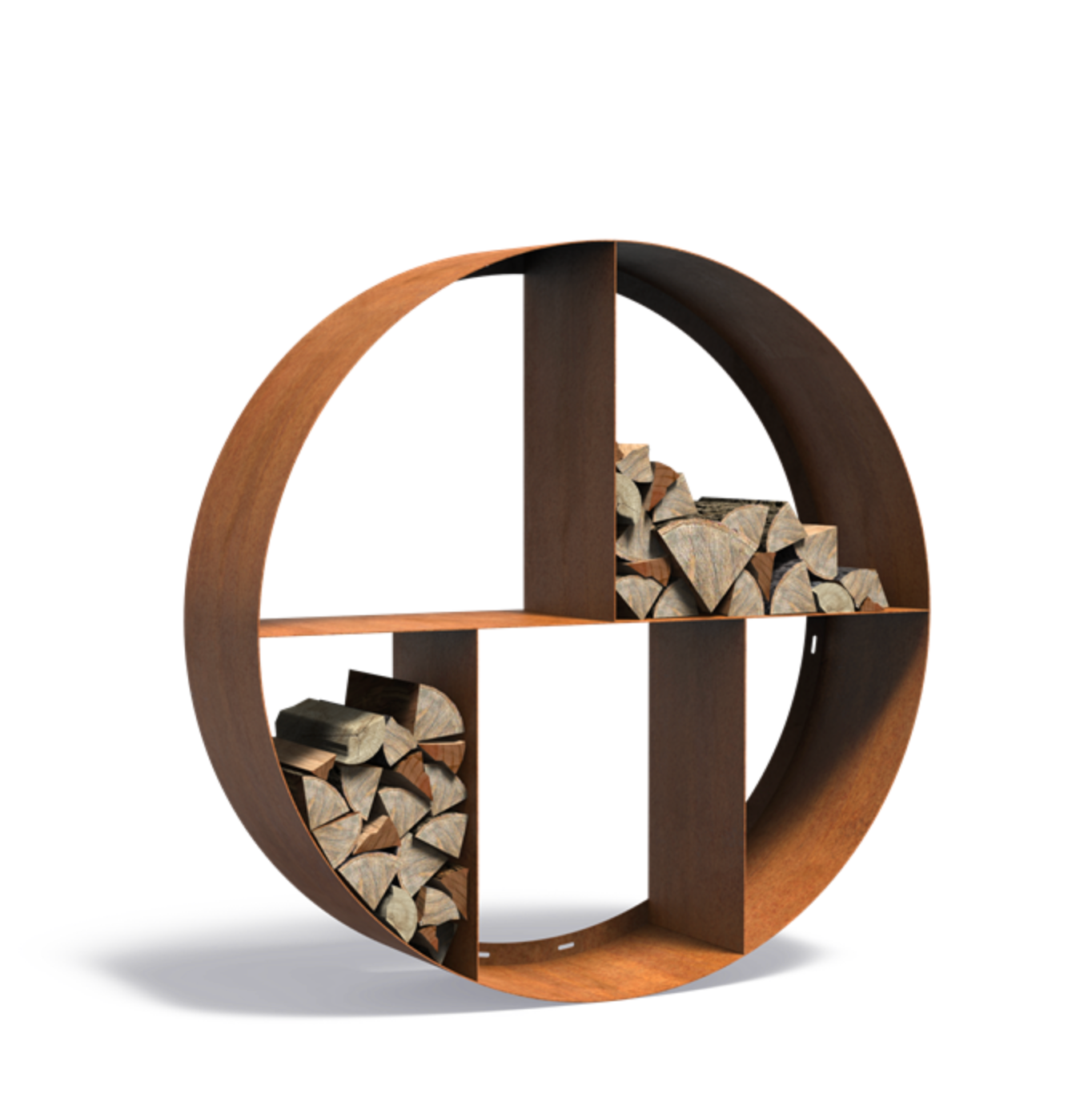 A round corten steel wood storage unit with wood inside it, placed against a white background.