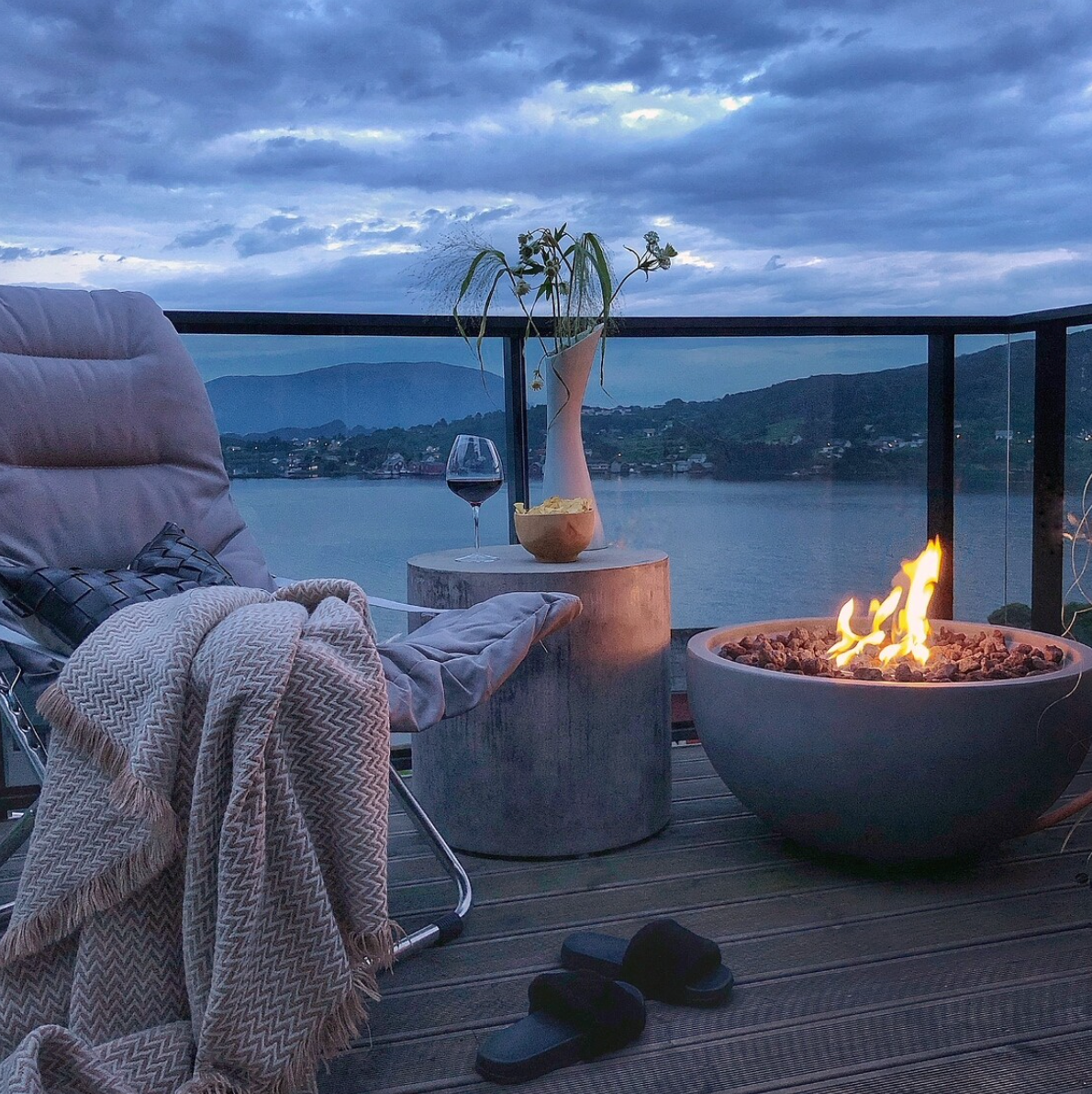 gas firebowl on a balcony