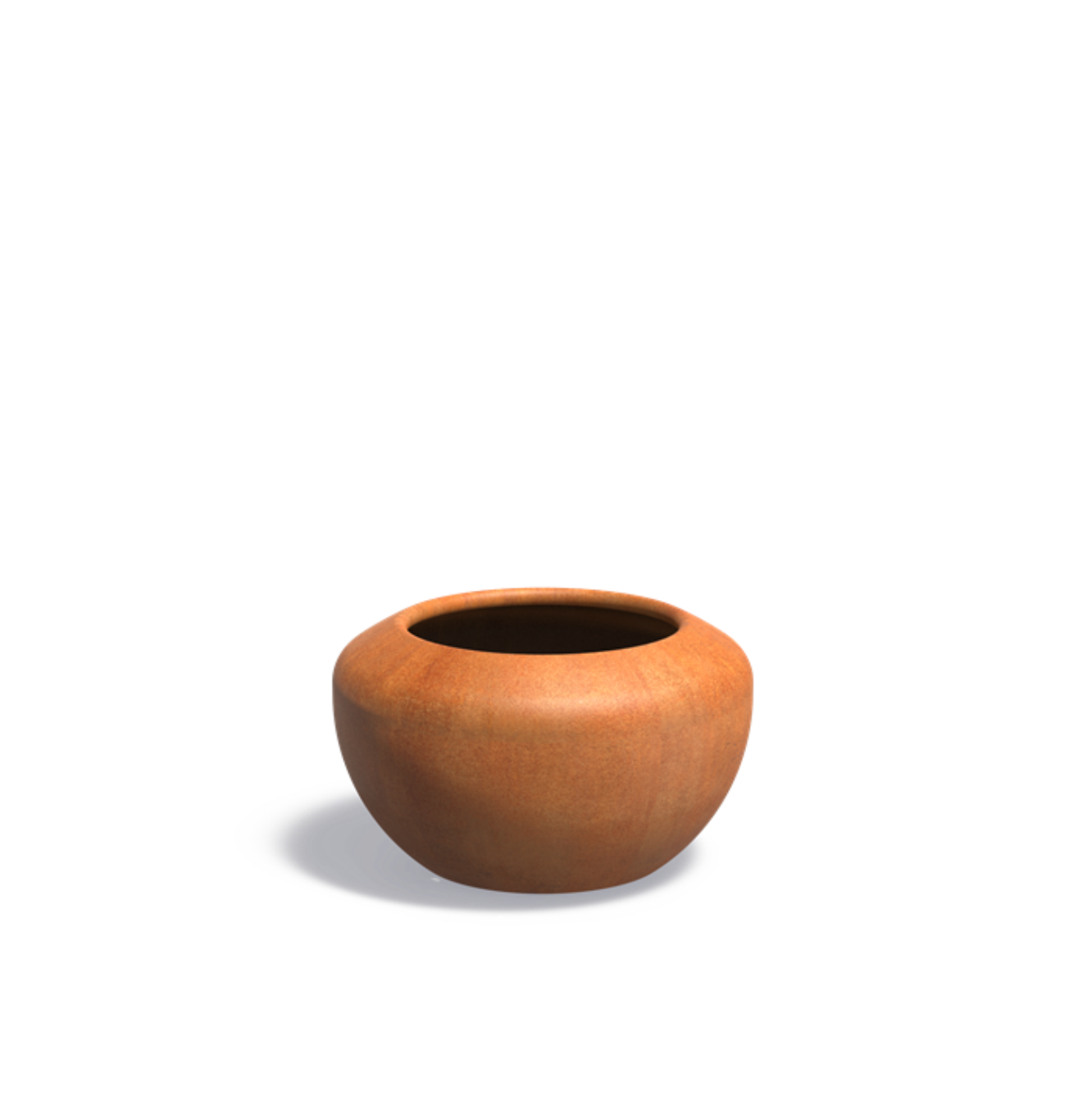 A brown, round Corten steel planter with a tapered design, pictured on a white background.