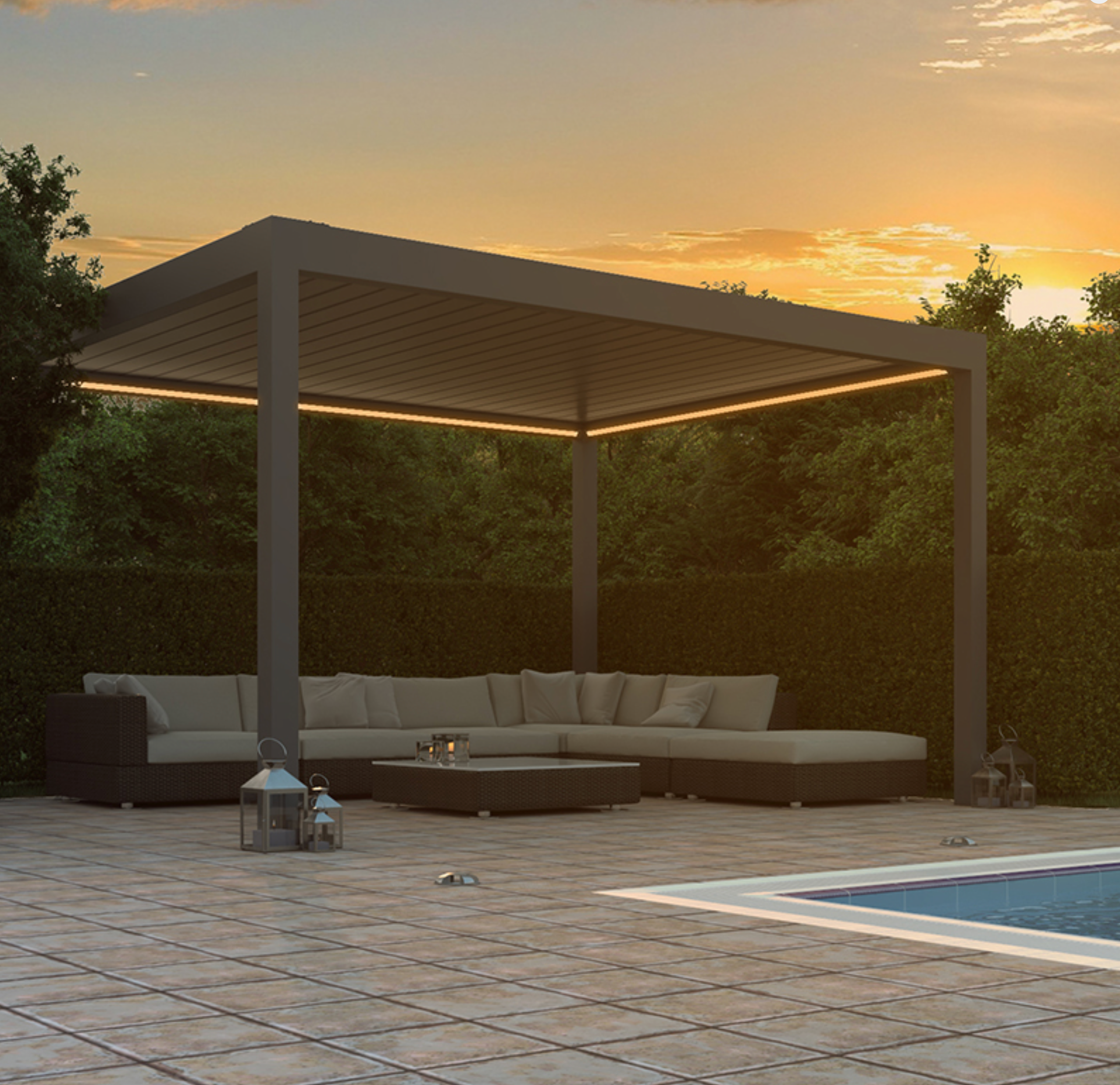 louvered roof pergola next to swimming pool
