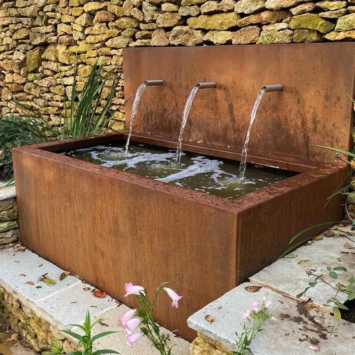 CorTen Pondwall Free-standing - 3 pipe water fall