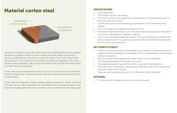 Printed sheet explaining corten steel, specifications, key points and options for a corten pond