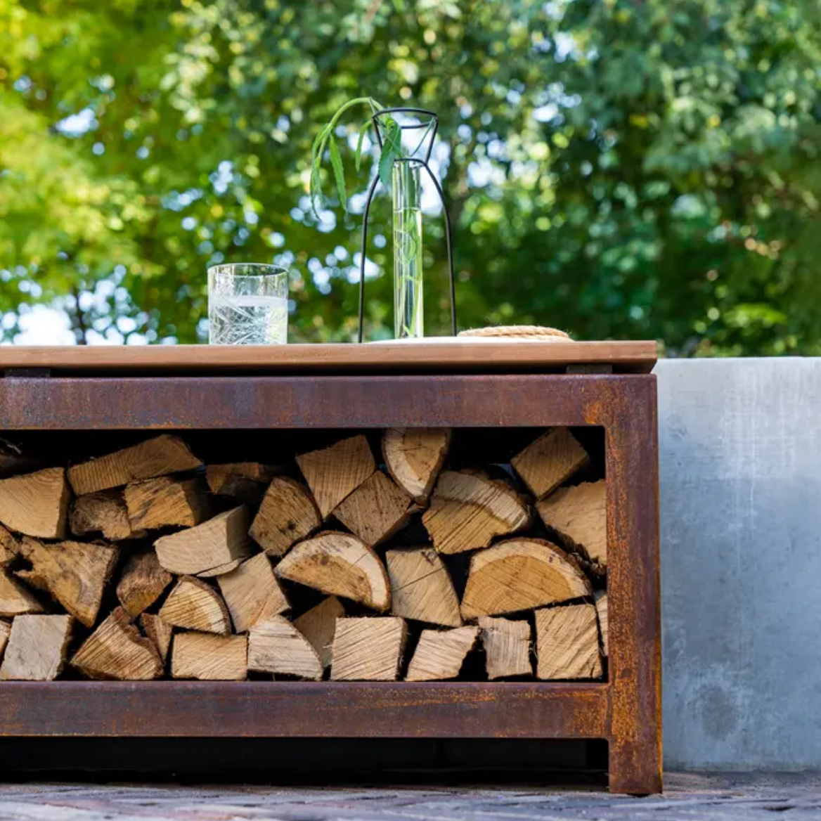 Outdoor bench with firewood storage sale