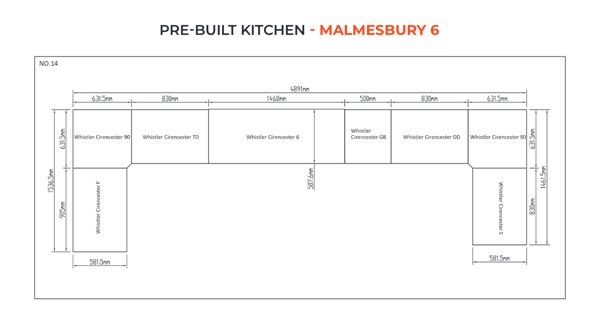 black and white diagram showing Malmsebury 6 outdoor kitchen sizes