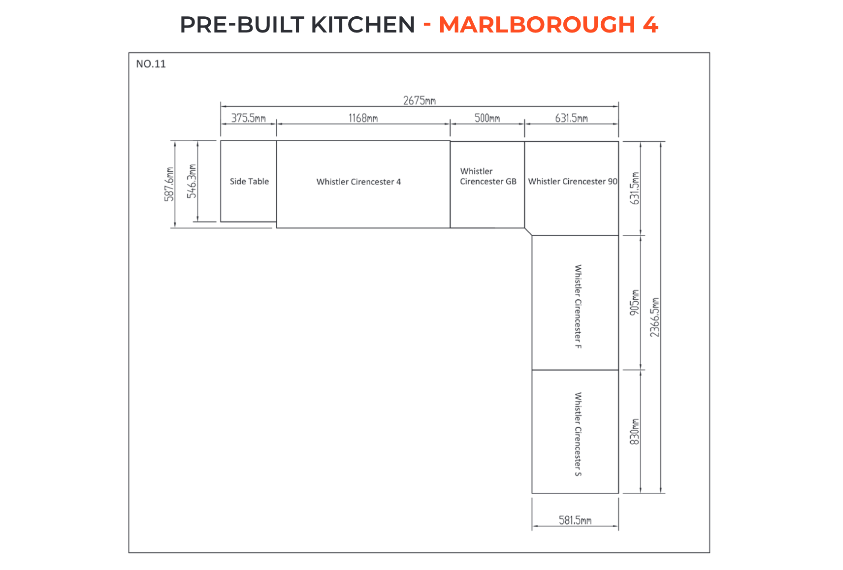 black and white diagram showing Marlborough 4 outdoor kitchen sizes