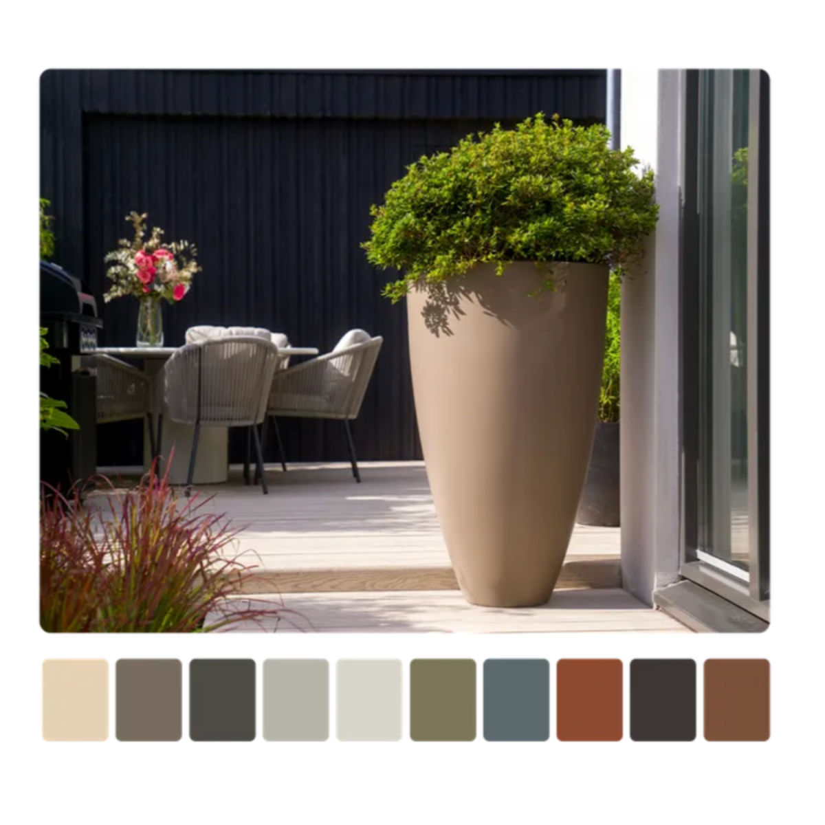 Outdoor patio with a large beige planter, table, chairs, and flowers. Color swatches below.