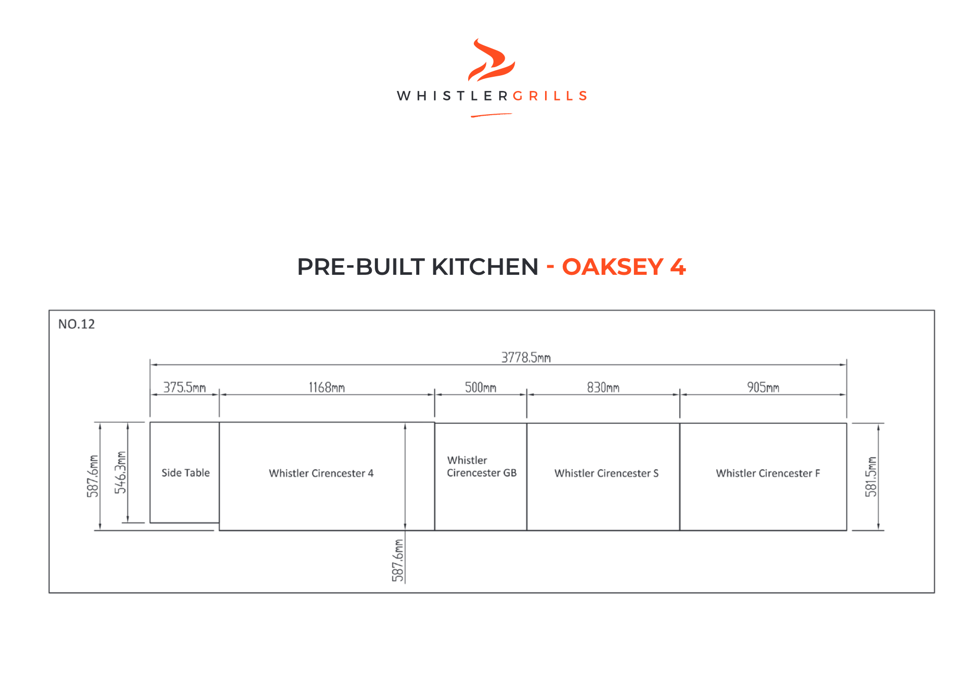 black and white diagram showing Oaksey 4 outdoor kitchen sizes