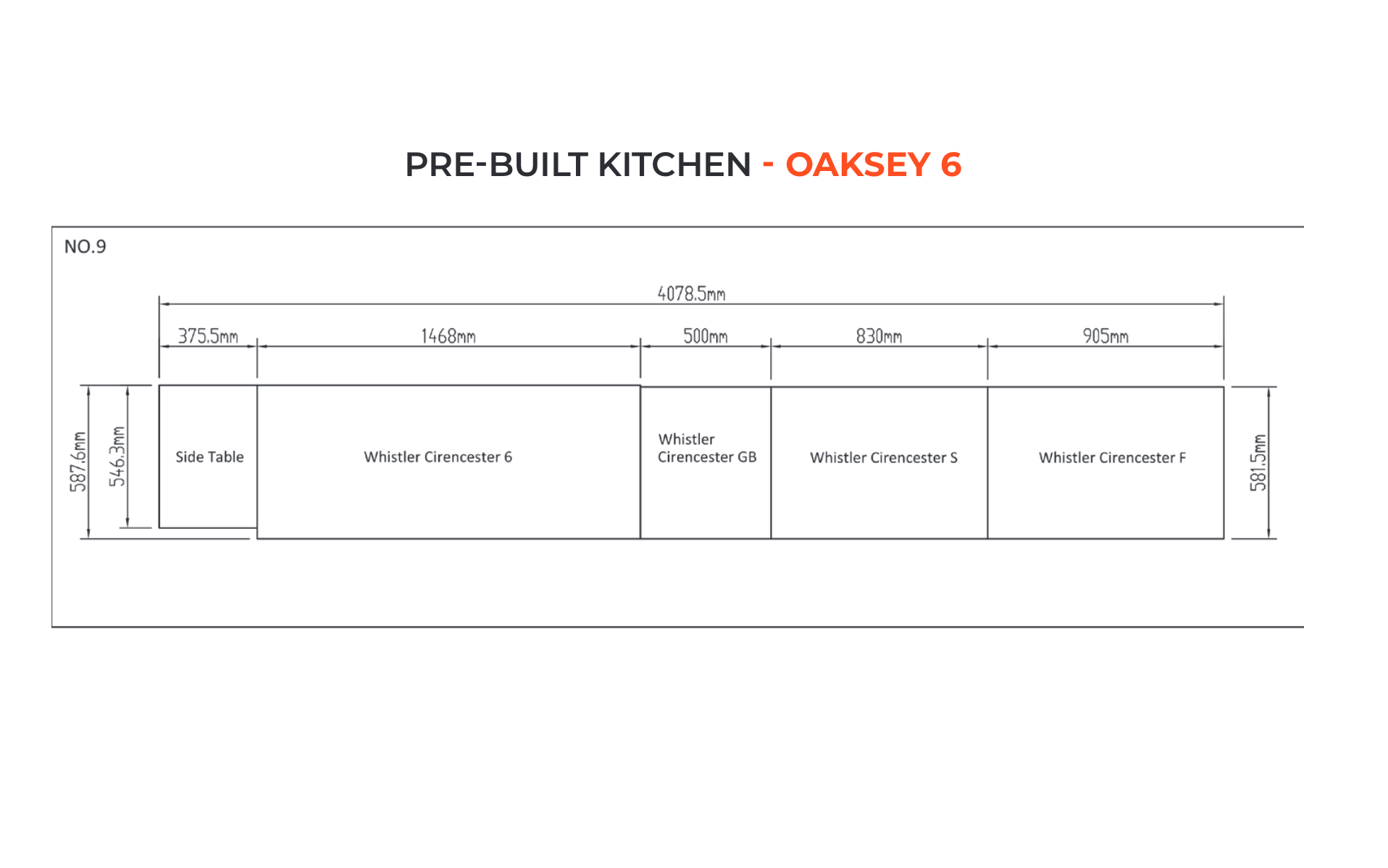 black and white diagram showing Oaksey 6 outdoor kitchen sizes