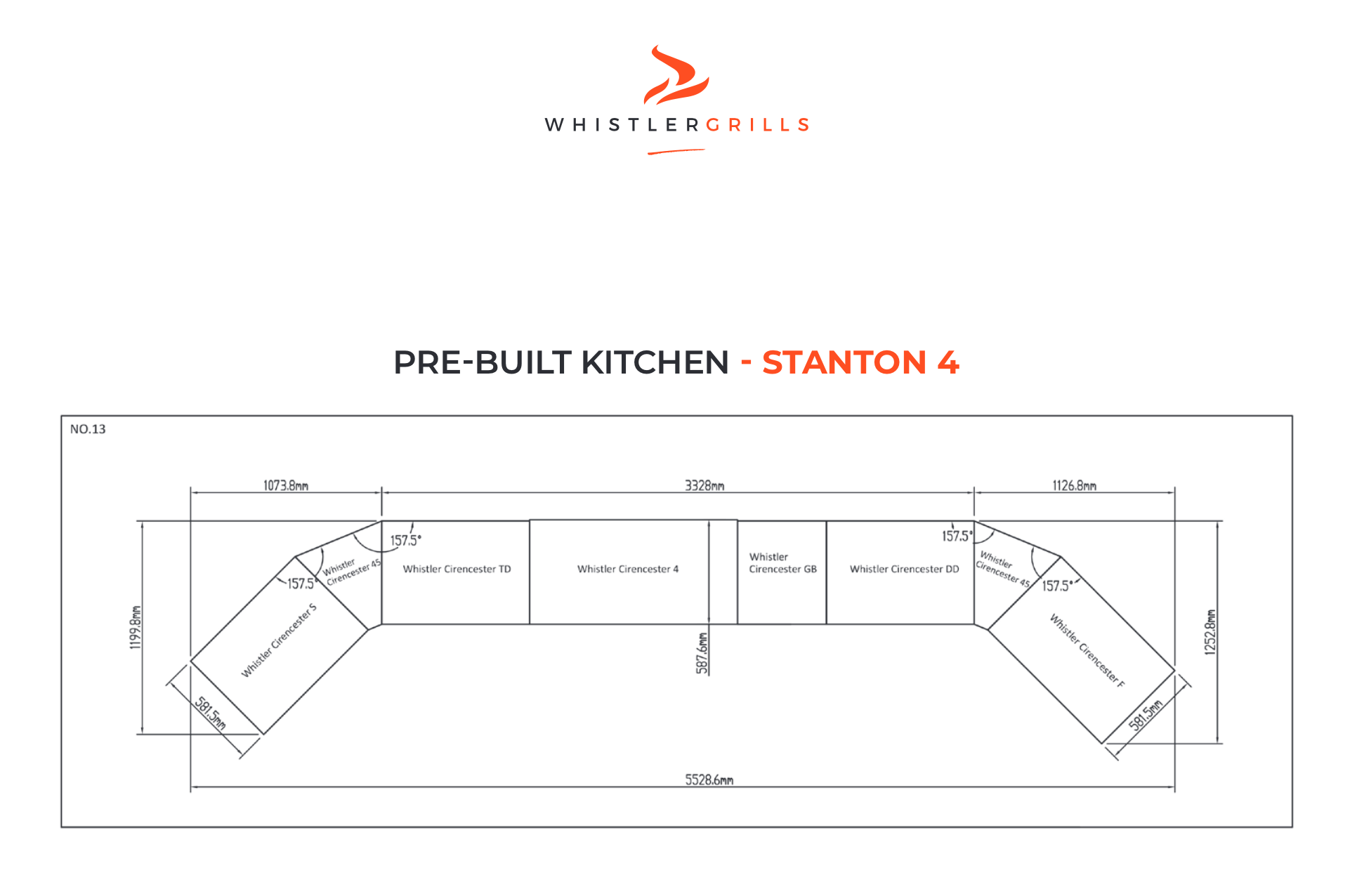 black and white diagram showing stanton 4 outdoor kitchen sizes