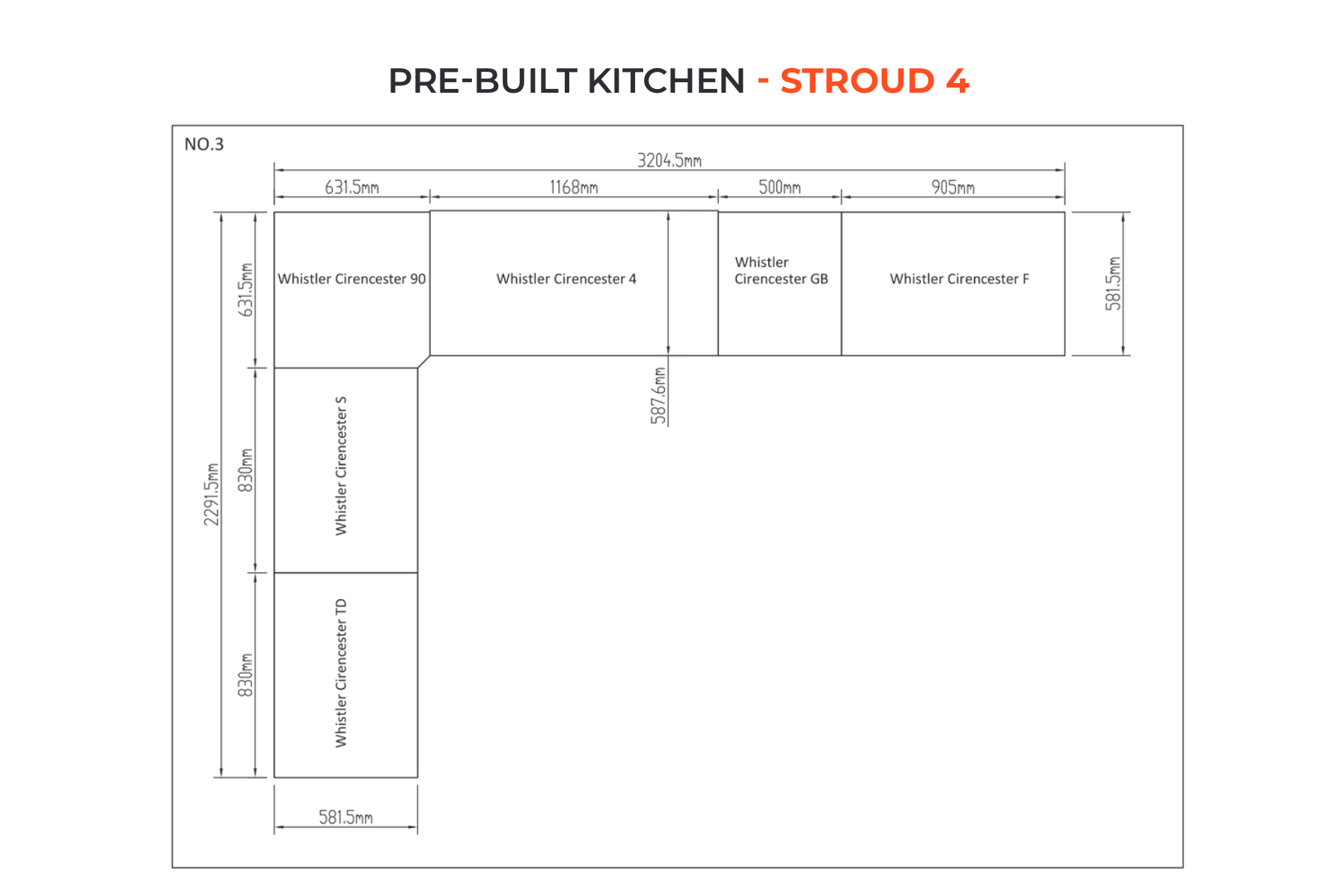 black and white diagram showing stroud 4 outdoor kitchen sizes