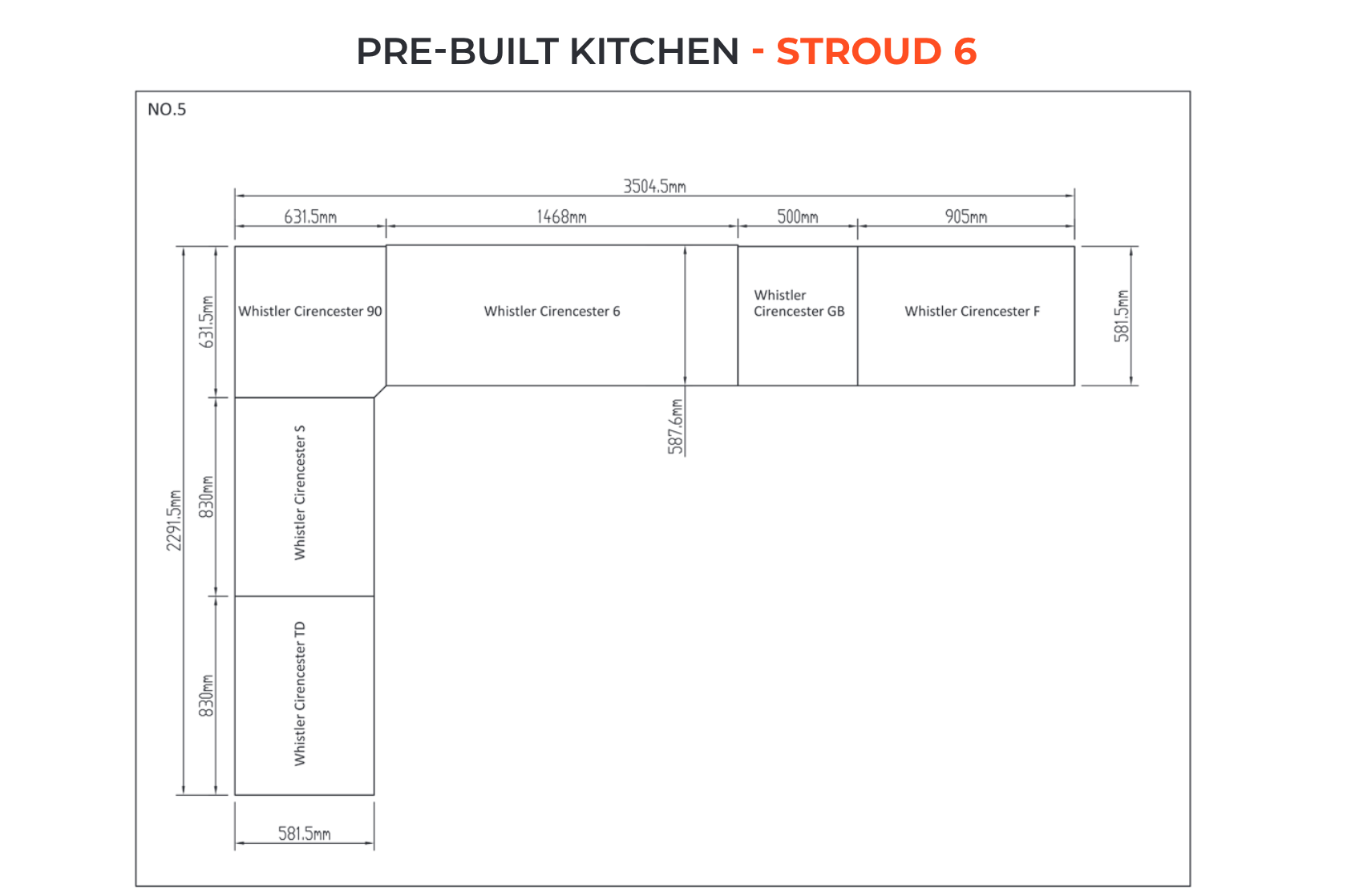 black and white diagram showing stroud 6 kitchen sizes