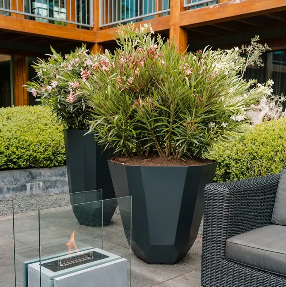 Outdoor setting with potted plants in black geometric planters, a fire pit, and a wicker chair.