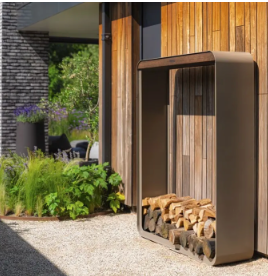 aluminium firewood holder with logs against a modern building exterior.