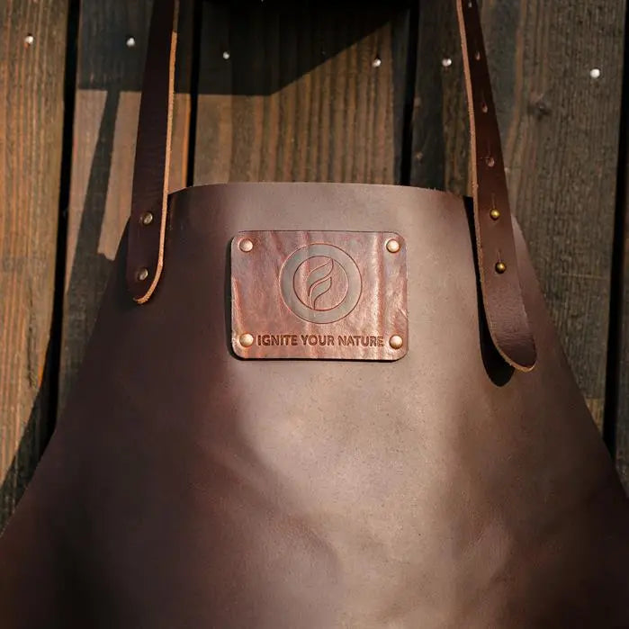 close up of brown leather apron