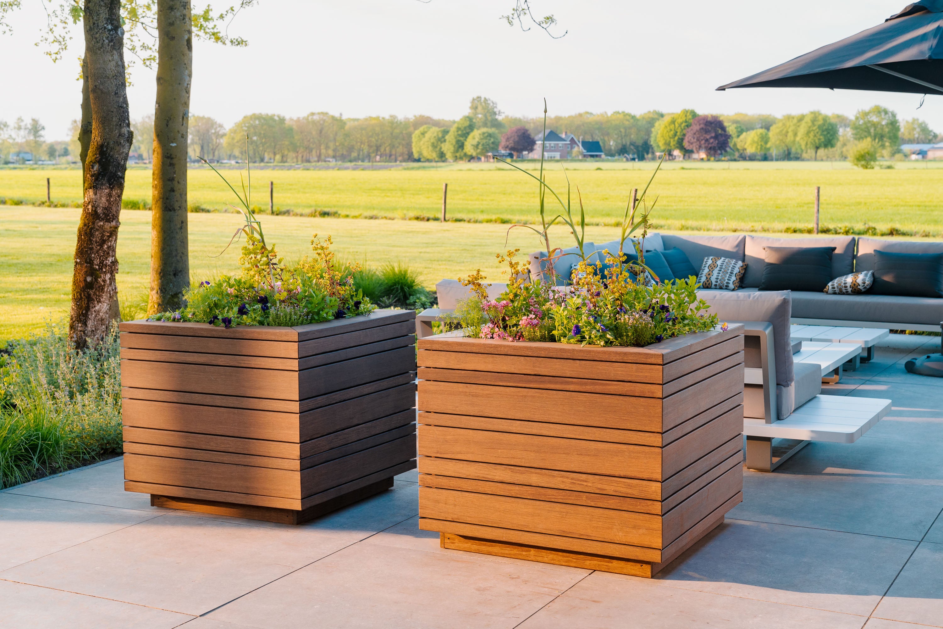 Two large square wooden planter boxes filled with green and yellow plants, placed on a stone patio next to outdoor patio furniture with a grassy field in the background.