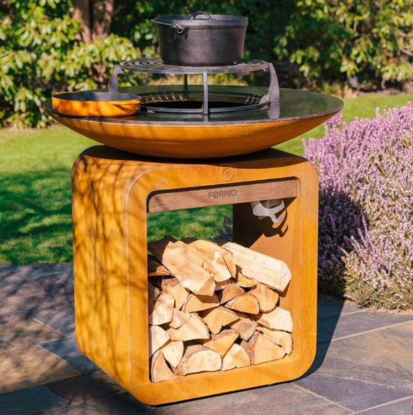 bbq and grill with wood store underneath made from corten steel