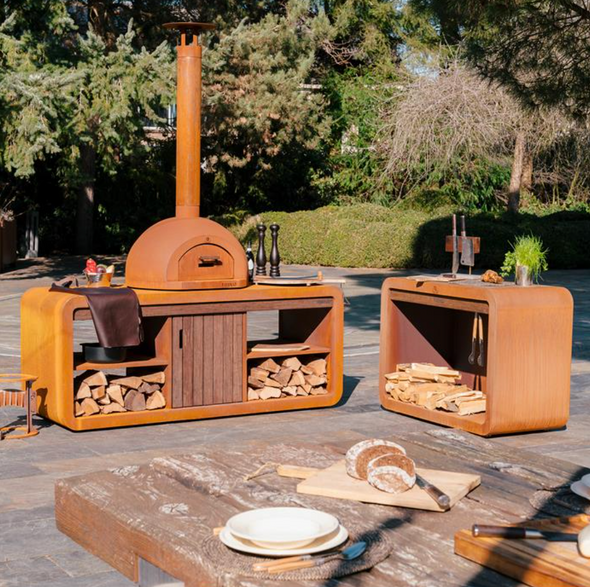 pizza oven and outdoor kitchen in corten steel