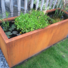 trough shaped corten steel planter filled with water and plants