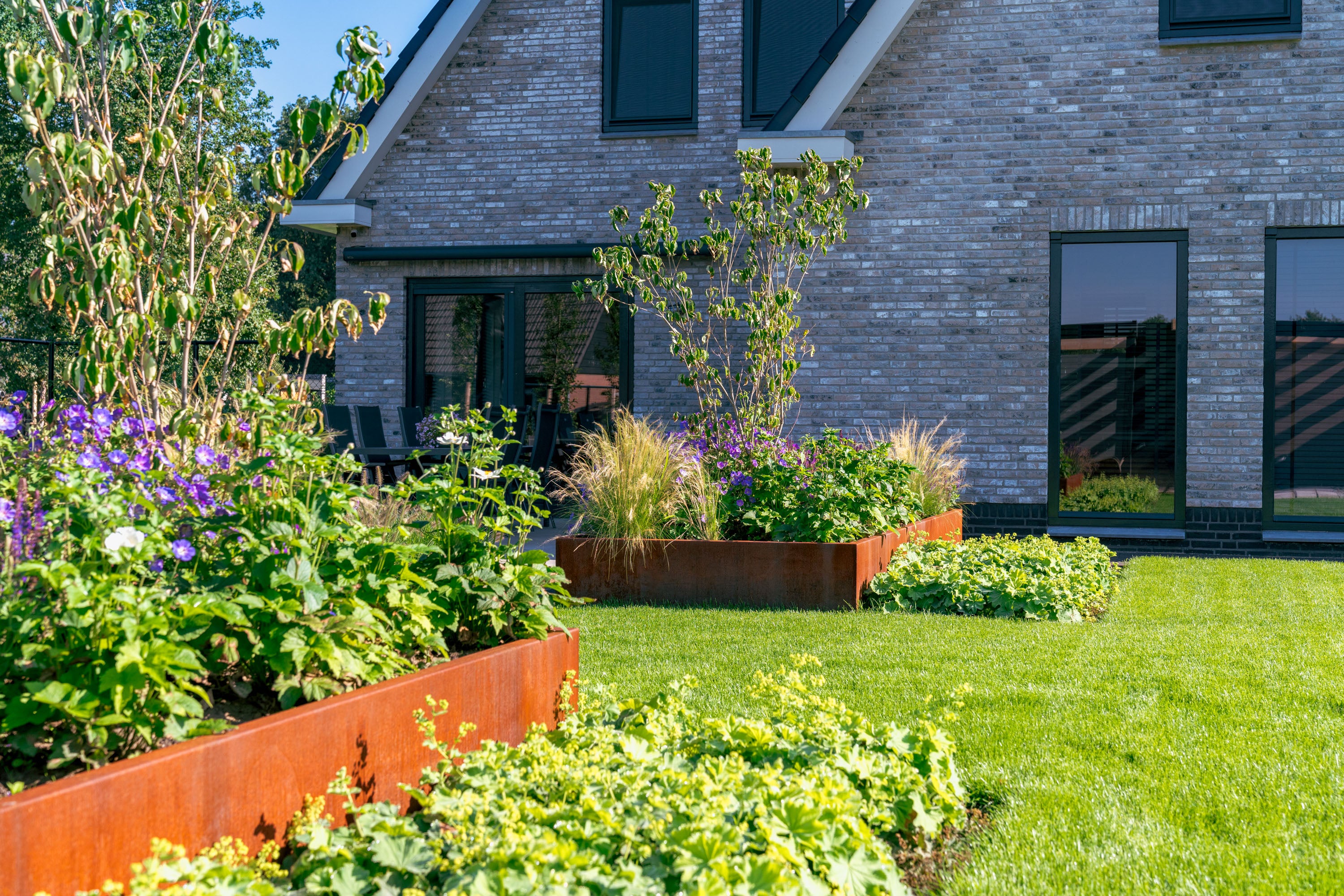 Garden with raised beds in front of a brick house
