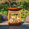 outdoor grill and bbq made from corten steel with wood storage underneath