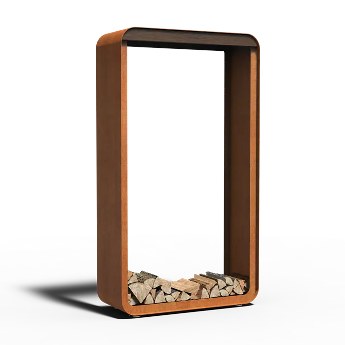 corten steel rectangular wood store with bamboo detail with wood at the bottom