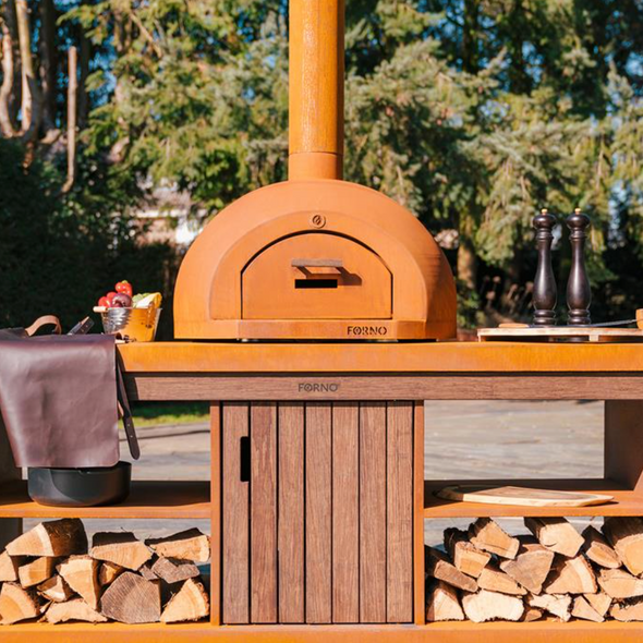 pizza oven in corten steel and wood store