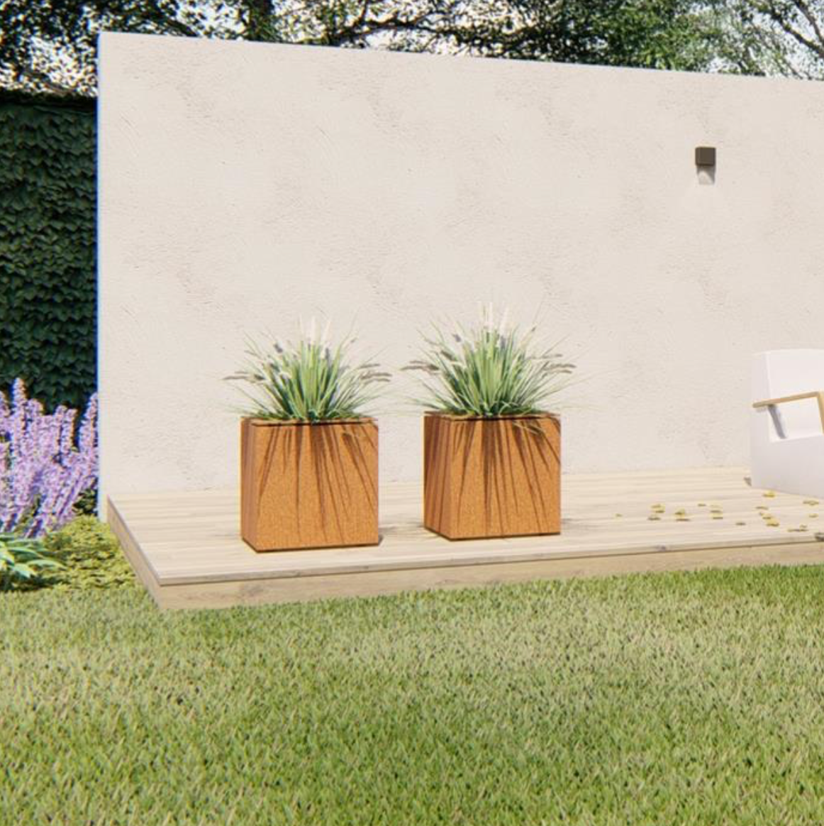 two cube corten steel planters on wooden decking